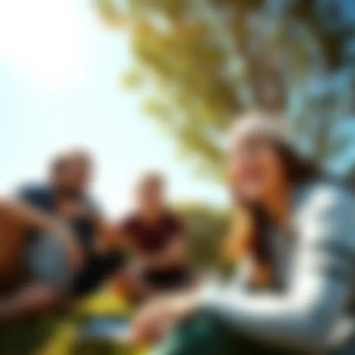 A group of friends laughing and enjoying outdoor activities like hiking and playing games together in a sunny park