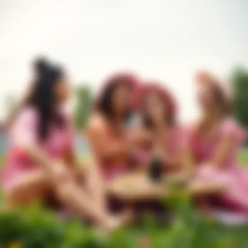 Group of Friends Liking Pink A group of friends wearing pink outfits, laughing and enjoying each other's company at a picnic.