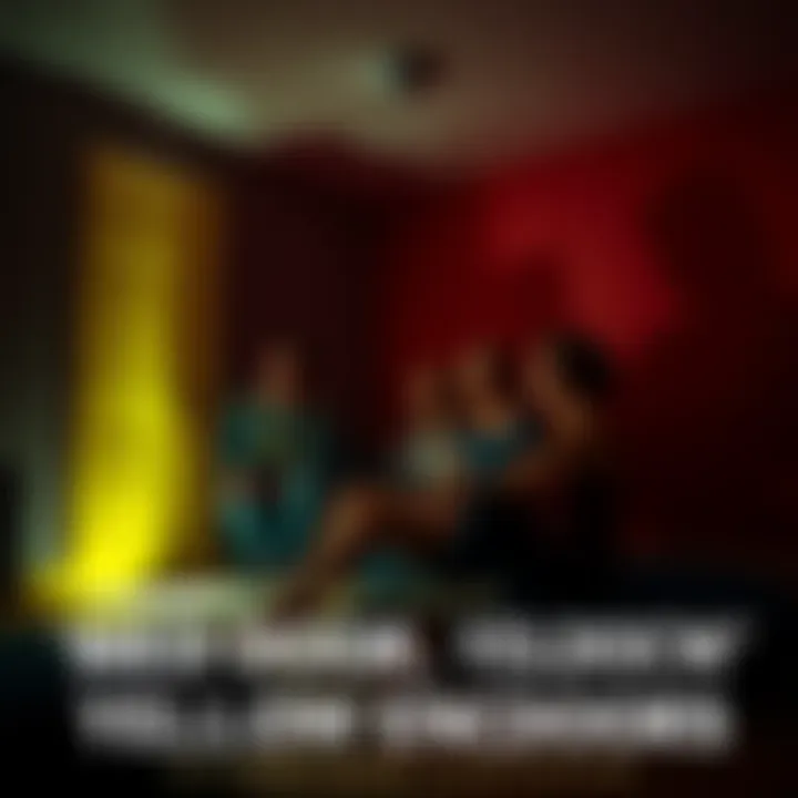 A group of friends sitting in a dimly lit room, looking startled as they play the 'Red Door, Yellow Door' game, with eerie shadows on the walls.