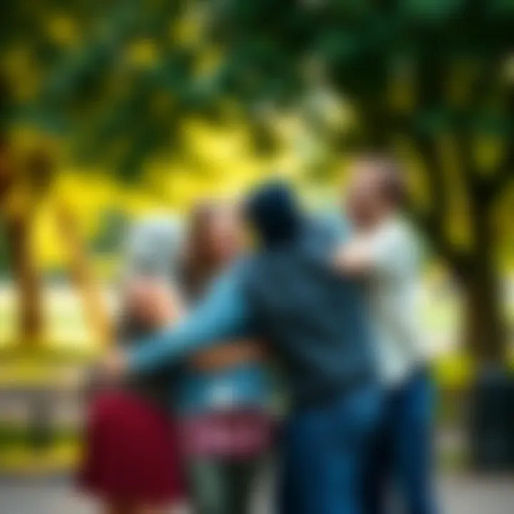 A group of friends smiling and hugging each other in a park, celebrating their reunion.