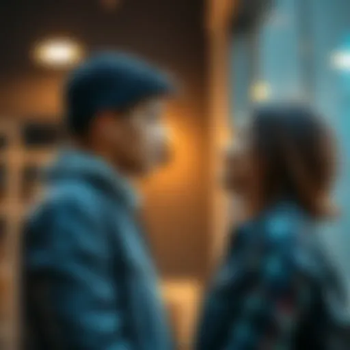 Two friends standing close together, making strong eye contact after a long time apart, conveying deep emotions and curiosity