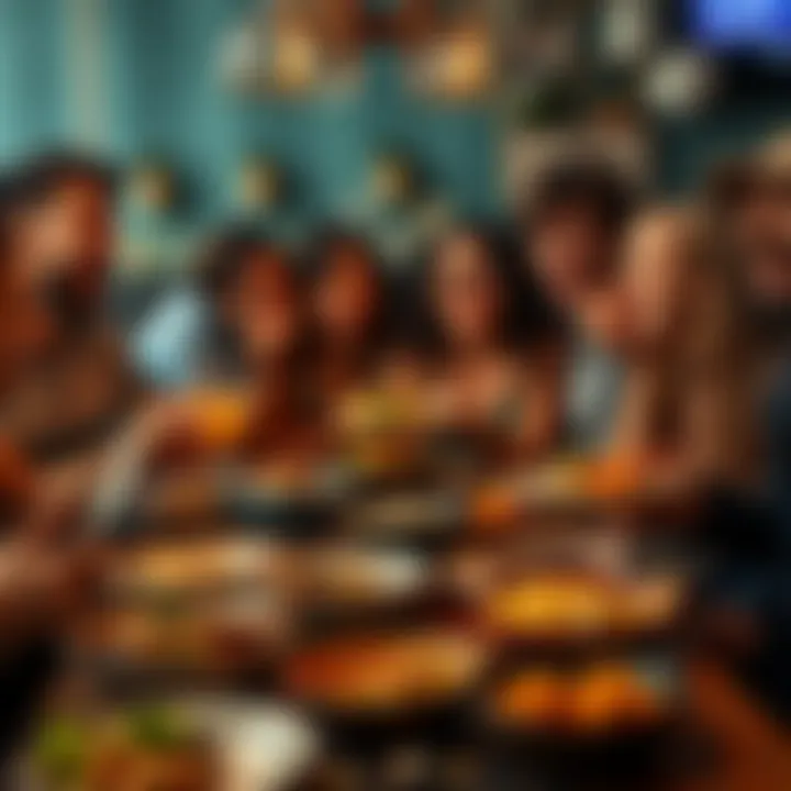 People enjoying delicious food at a table A group of friends sharing a meal, laughing and discovering new flavors, surrounded by dishes full of tasty food.