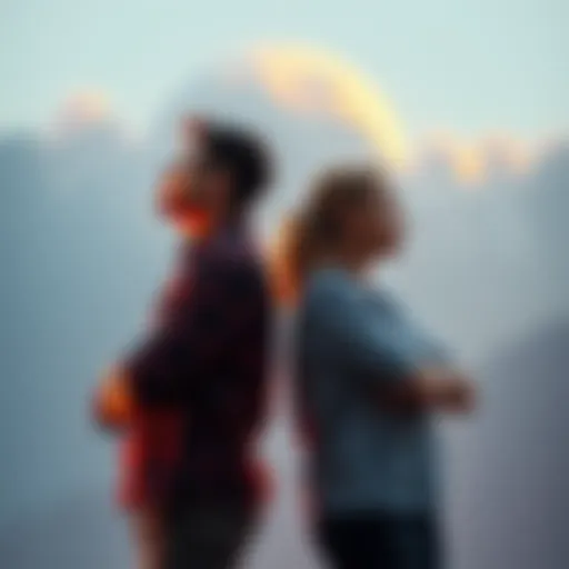 Two friends standing apart, one looking contemplative and the other supportive, symbolizing the struggle between personal growth and friendship loyalty