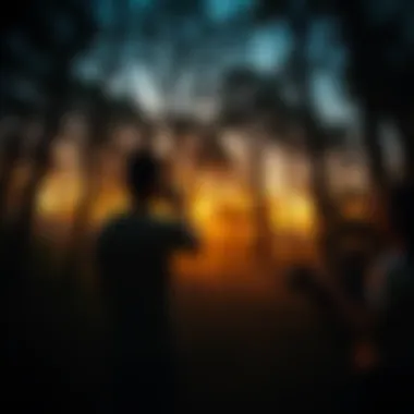 Two friends filming strange figures in a Mexican forest at dusk