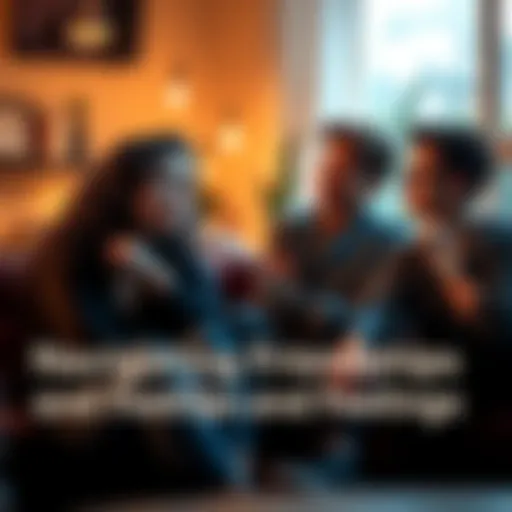 A group of friends sitting together, sharing their thoughts and feelings in a cozy setting. One person looks thoughtful while the others listen intently, showing empathy.