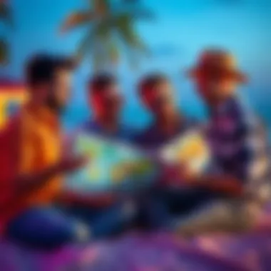 Rick, Alex, Peter, and Doug discussing vacation destinations with a map and travel brochures