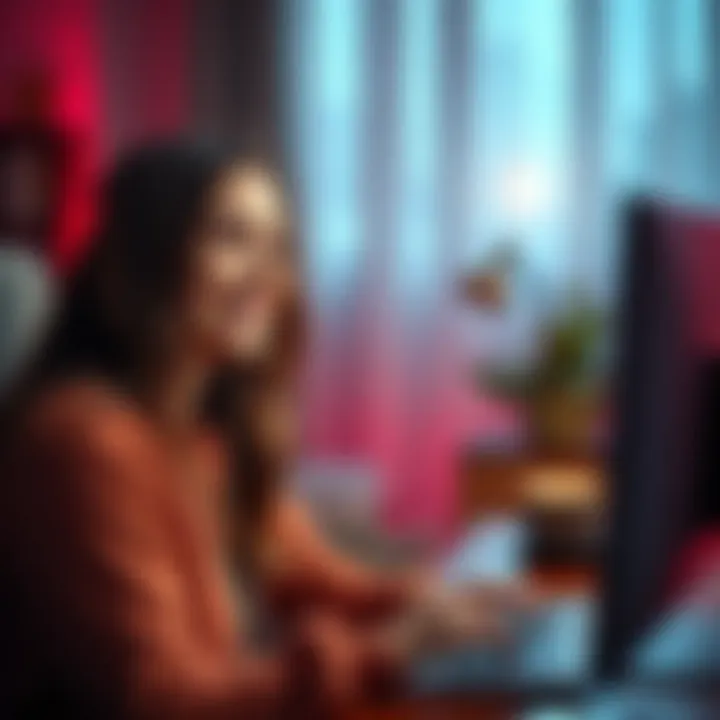 Friendship Formed Through Shared Interests A person smiling at their computer, showing excitement after connecting with an online friend on Pinterest over shared hobbies.