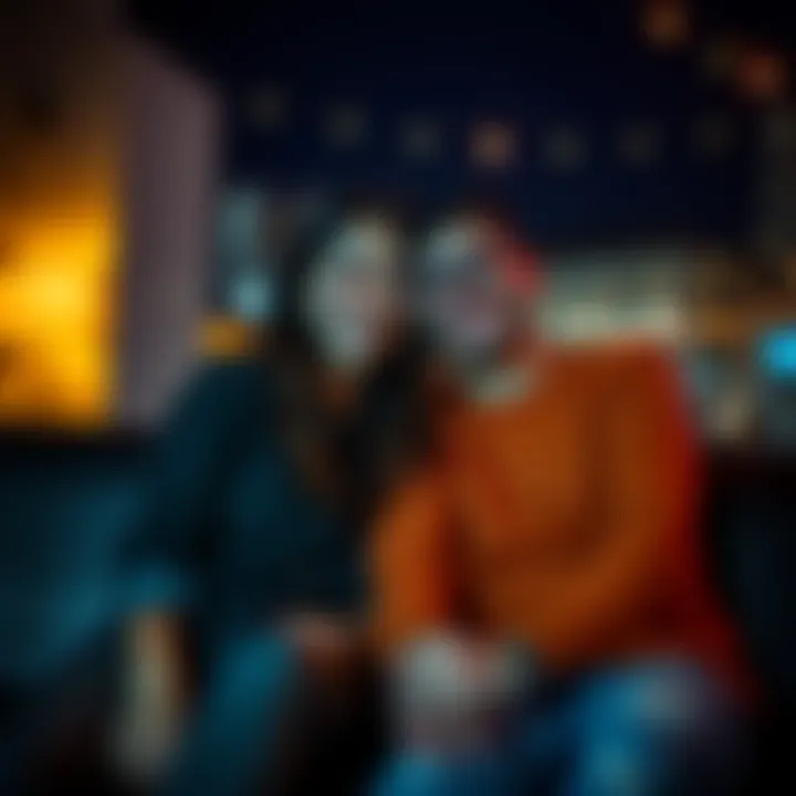 Two friends sitting closely together, sharing a smile, with a hint of romantic tension in the air, indicating deeper feelings.