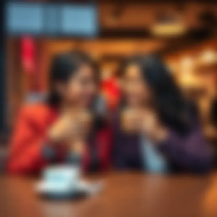 Two friends happily reconnecting over coffee after a falling out, with smiles and open body language.