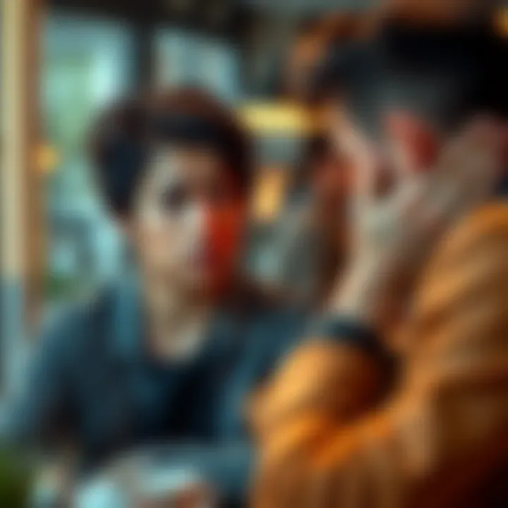 A person looks confused while talking to a friend who appears dismissive, showing signs of disrespect. The background suggests a casual setting, like a coffee shop.