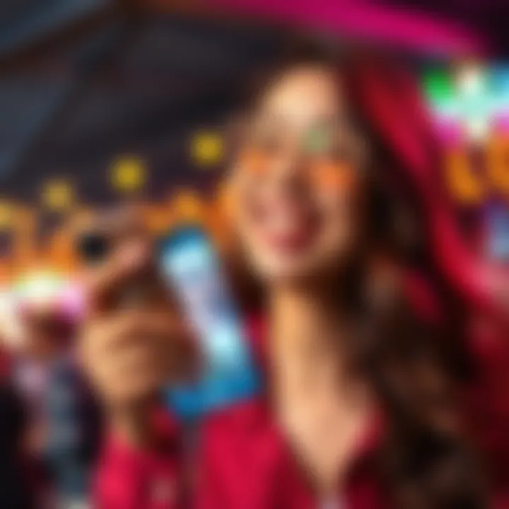 Person Celebrating Friendship with Celebrity A happy person smiling and holding a phone, showing a message from their favorite celebrity, with a joyful atmosphere in the background.