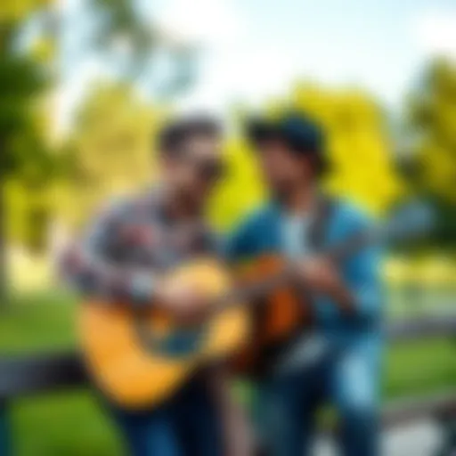 A person and a musician share a laugh while playing guitar together at a local park, symbolizing friendship and connection.