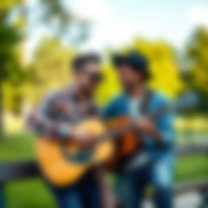 A person and a musician share a laugh while playing guitar together at a local park, symbolizing friendship and connection.