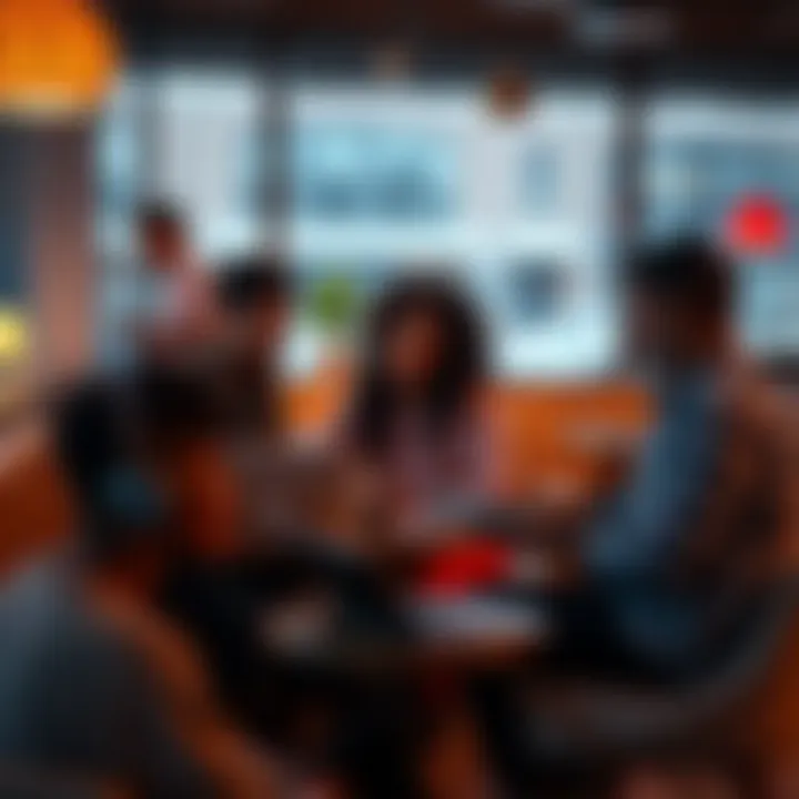 A group of people chatting about Frimost with laptops and notepads in a cozy cafe setting