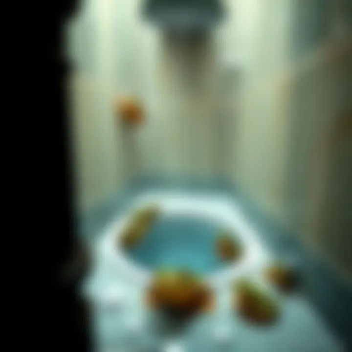 A bathroom scene with a bottomless shower drain and several frogs near the water