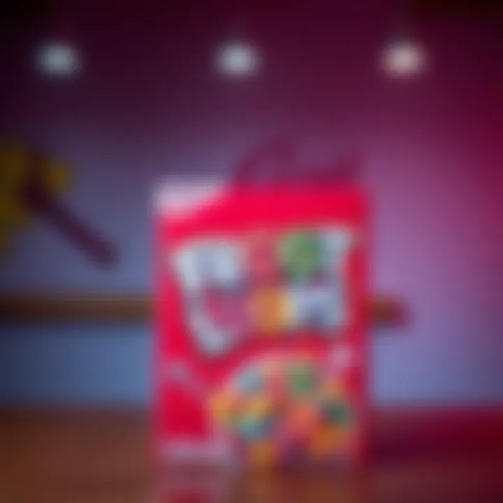 A colorful box of Froot Loops cereal displayed on a table, highlighting the bright loops and the brand name.
