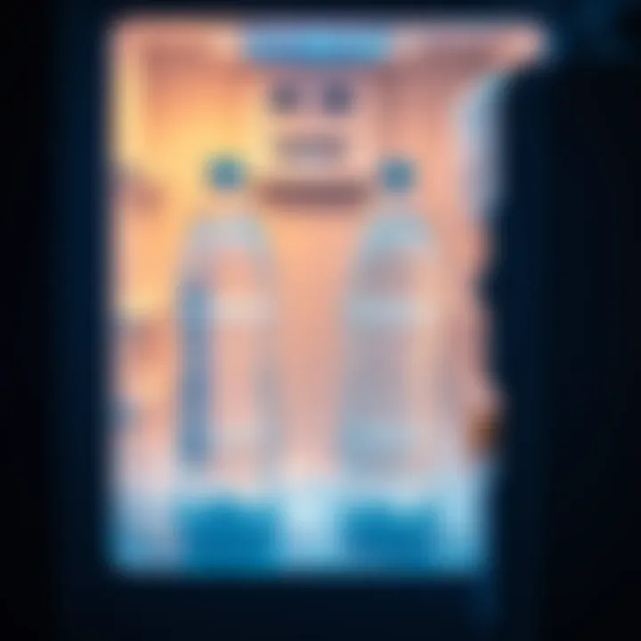 Bottles of frozen water in a mini fridge Two bottles of water frozen solid inside a mini fridge, surrounded by other unfrozen items