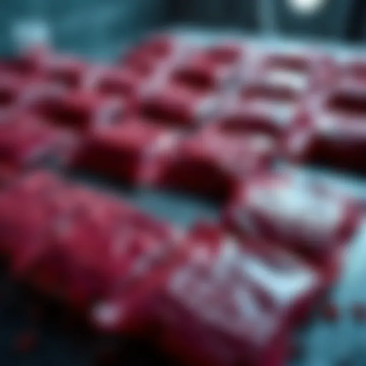 Several frozen blood packs arranged on a table with a chilling atmosphere
