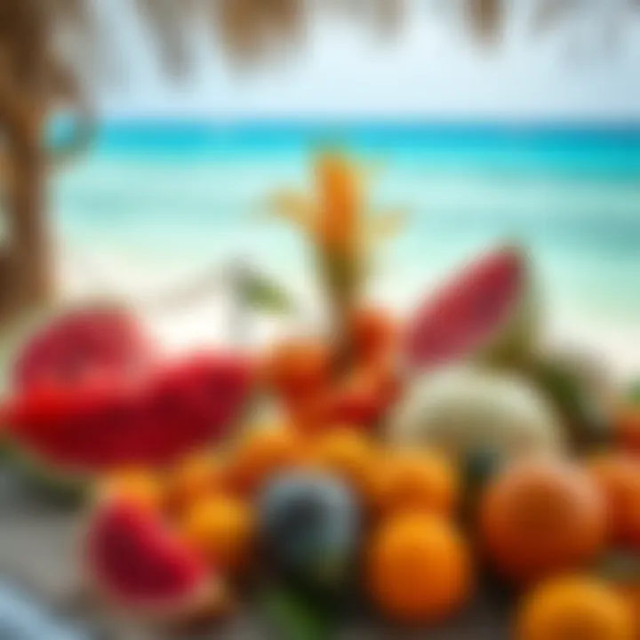 A selection of fresh fruits like watermelon and oranges arranged for offerings at a seaside ritual for Yemaya