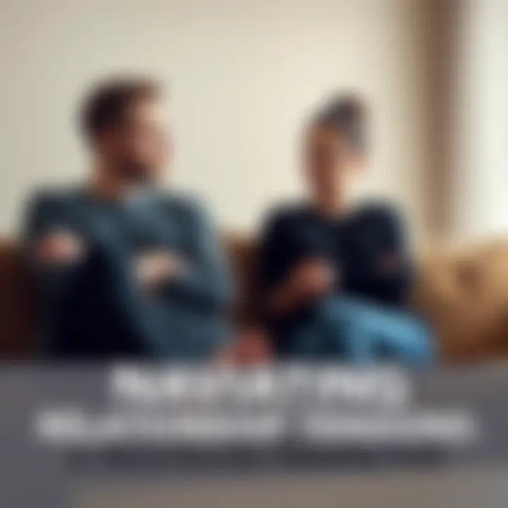 A couple sitting on a couch, looking frustrated while discussing their relationship. Their body language shows tension and emotional struggle as they try to communicate their feelings.
