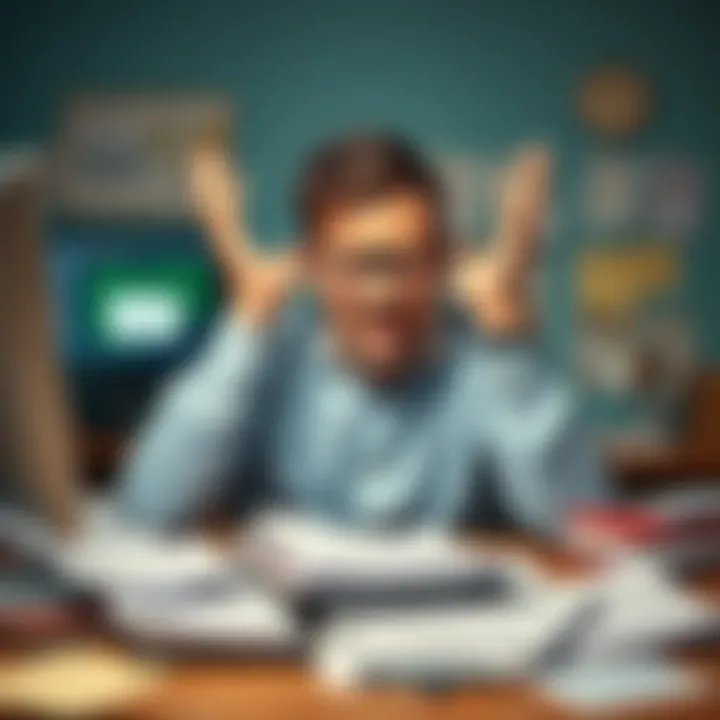 An employee showing frustration at their desk with paperwork scattered around and a computer screen displaying stressful emails.