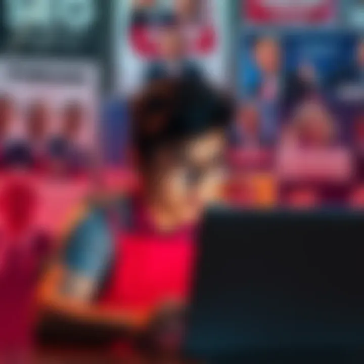 Frustrated forum user A person looking disappointed while reading a forum on their laptop, surrounded by political posters