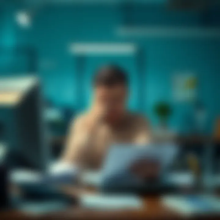 A person sitting at a desk with a frustrated expression, surrounded by papers and a computer, showing signs of stress and irritation.