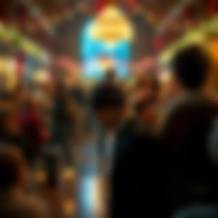 A person sitting alone at a crowded Christmas gathering, looking upset and overwhelmed while others chat and celebrate around them.