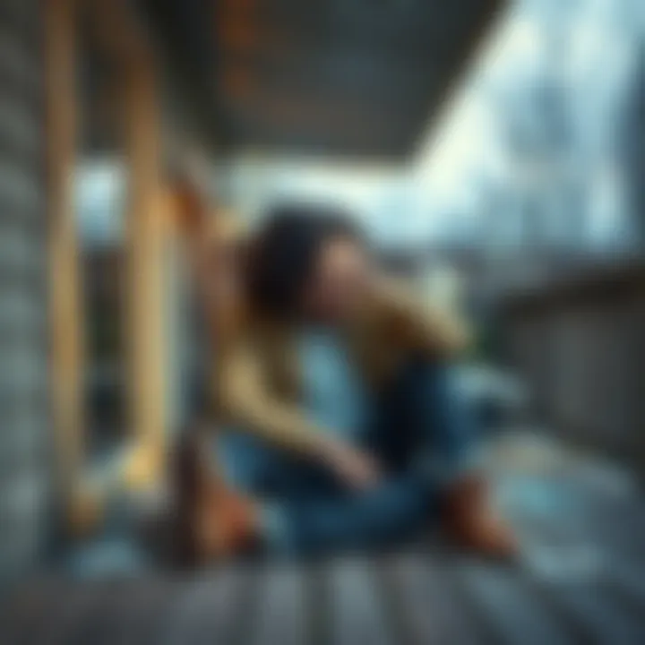 A person looking upset while sitting on a worn-out deck, surrounded by peeling paint and clutter.