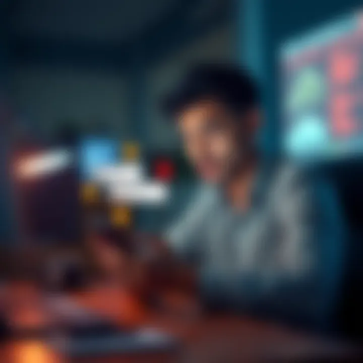 Person sitting at a desk, looking frustrated while checking their smartphone with notification alerts popping up