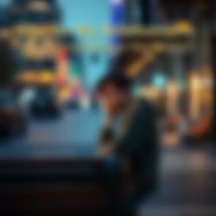 Frustrated person thinking about relationships A person sitting alone on a bench, looking thoughtful and concerned about their failed relationships, with a blurred city background