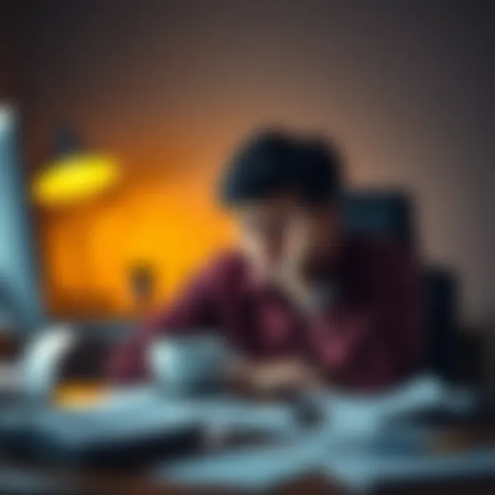 A person looking thoughtful while sitting at a desk, surrounded by notes and recordings related to subliminals, showing signs of frustration and contemplation.