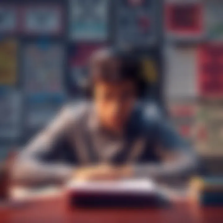 A person sits at a desk, looking confused and frustrated while listening to subliminal audio on headphones, surrounded by notes and motivational posters.