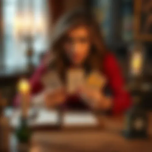 A frustrated person sitting at a table, holding tarot cards and looking concerned about shifting due dates, with a candle and notebook nearby.