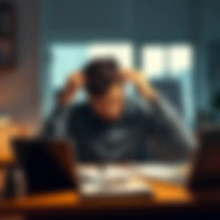 A person sitting at a desk with their head in their hands, looking overwhelmed by work, symbolizing unproductive sessions.