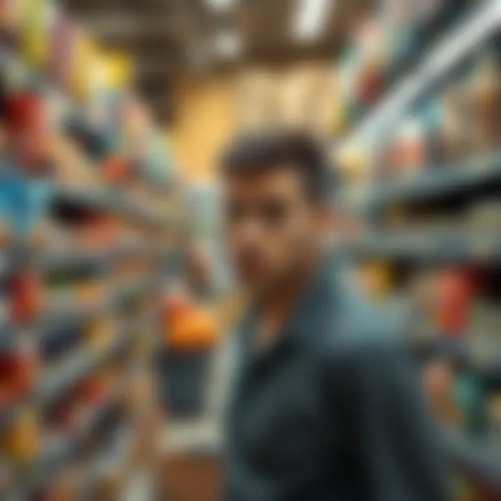 A person looking confused in a grocery store aisle filled with products. Shelves are being restocked, and items are out of place.