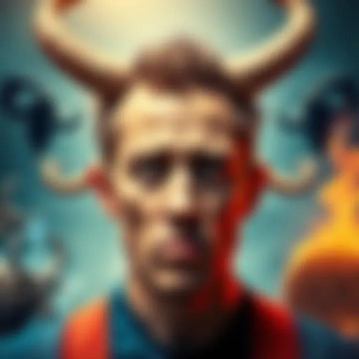 A person expressing frustration about Taurus traits while surrounded by astrological symbols related to Taurus, depicting a mix of determination and self-centeredness.