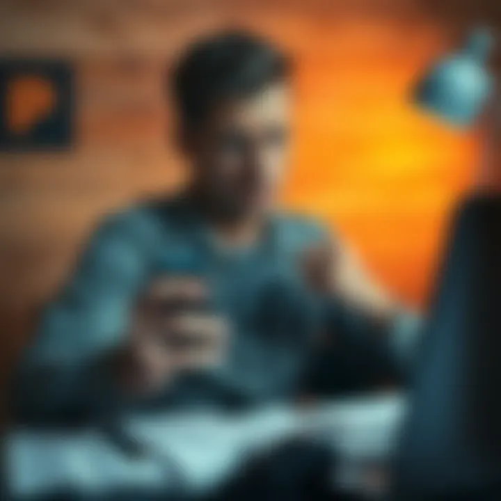 A person looks disappointed while holding a true crime podcast device, surrounded by papers with notes and a laptop.