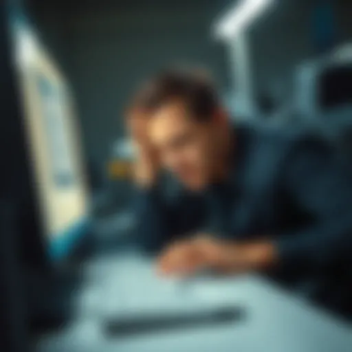 A person showing frustration while typing on a computer, symbolizing censorship on forums about Israel.