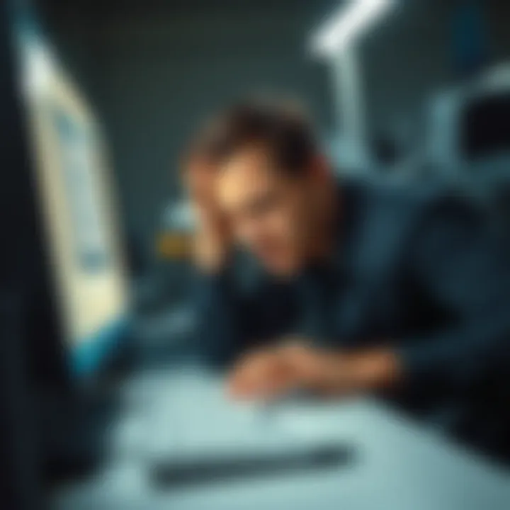 A person showing frustration while typing on a computer, symbolizing censorship on forums about Israel.