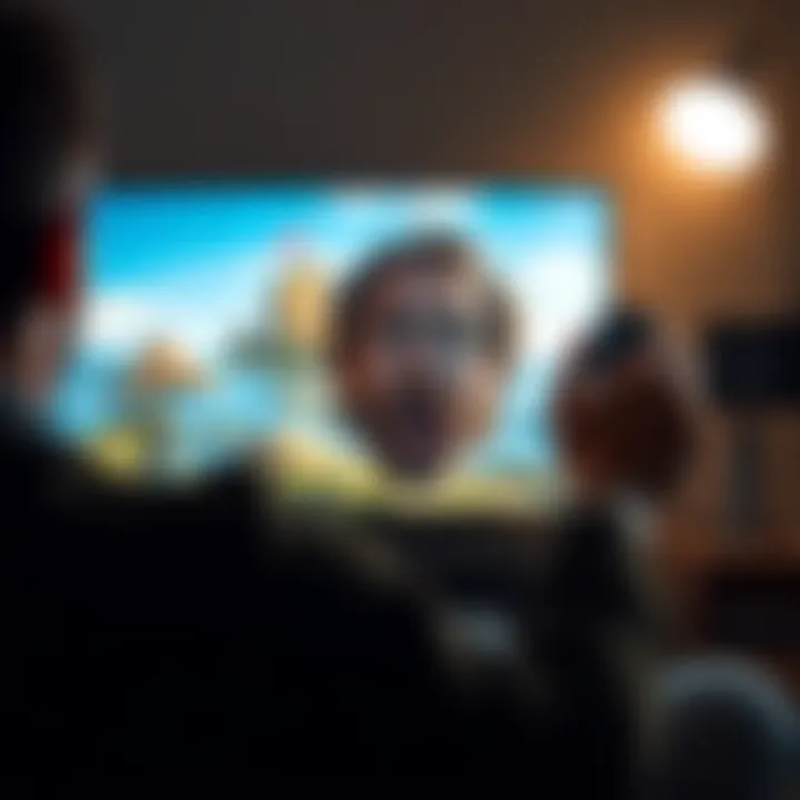 A person sitting in front of a TV with a frustrated expression while the Oak Island show plays in the background, remote control in hand, indicating they are giving up on the show