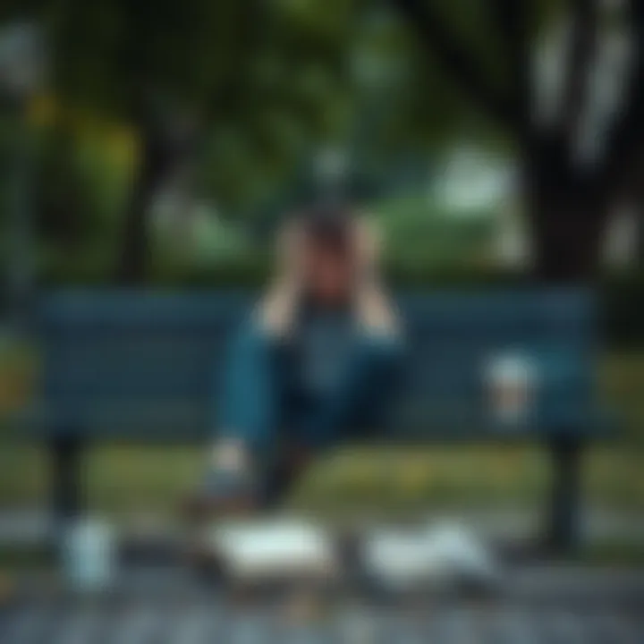 A 22-year-old looking stressed and lost while sitting on a park bench, surrounded by empty coffee cups and textbooks, reflecting on life's challenges