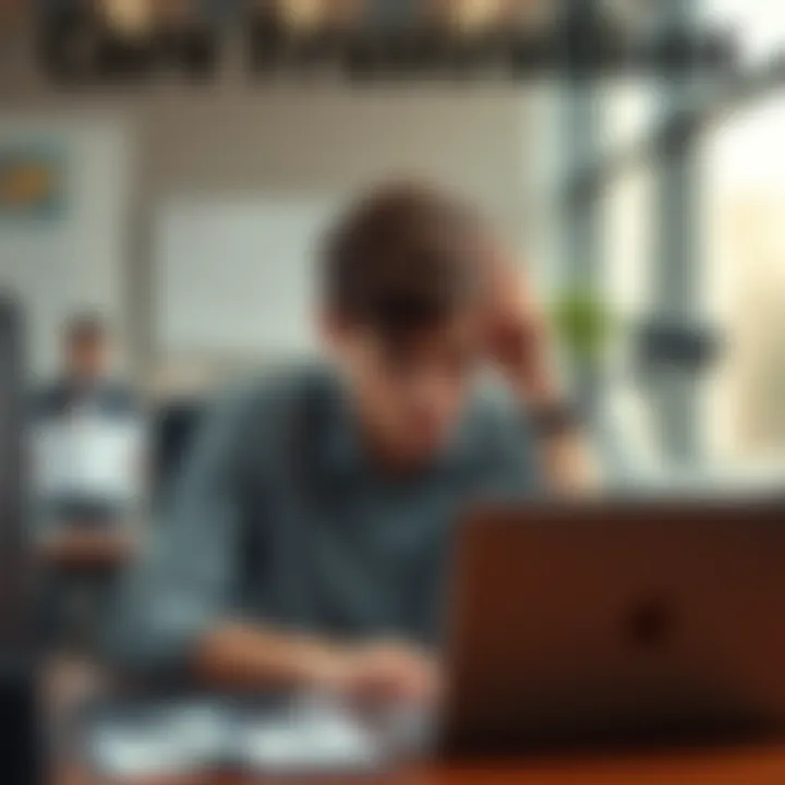 A young adult sitting at a desk, looking stressed and confused while staring at a laptop, symbolizing career frustration and uncertainty