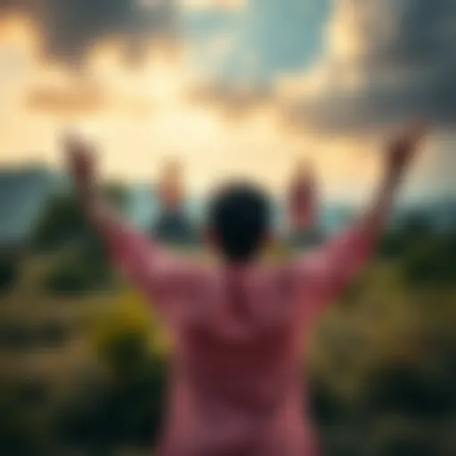 Person expressing frustration to deities A person stands in a serene outdoor setting, raising their arms towards the sky with a mix of anger and sadness. The image captures the emotion of venting to divine figures, surrounded by nature and s...