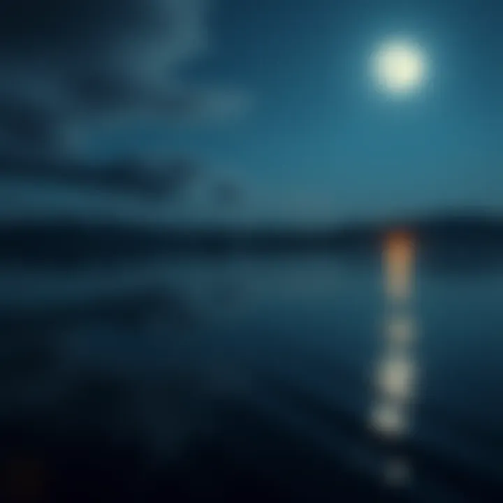 A bright full moon shines over a calm lake, reflecting its light on the water.