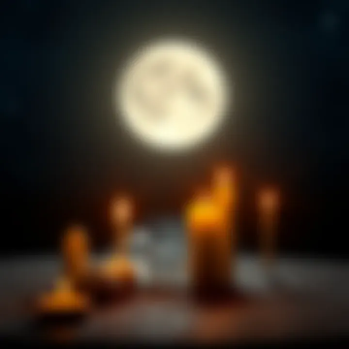 A serene scene with a full moon glowing in the night sky, surrounded by candles and crystals placed on a table, symbolizing a ritual for transformation.