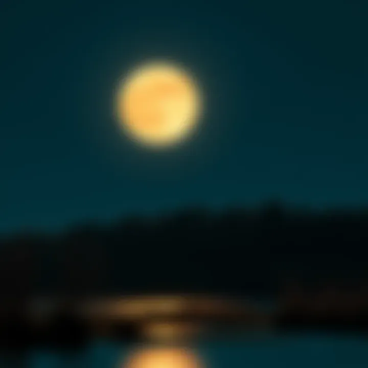 A glowing full Hunter's Moon in a clear night sky, casting light on a tranquil landscape below.