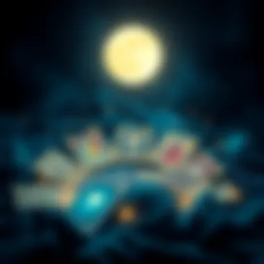 Full Moon Card Pull Reading A mystical scene featuring a tarot card spread under a glowing full moon with sparkles around it.