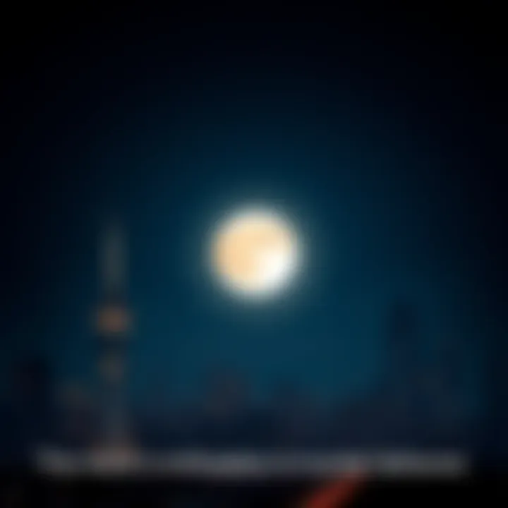 A bright full moon illuminating a city skyline at night, casting shadows and creating a dramatic atmosphere.