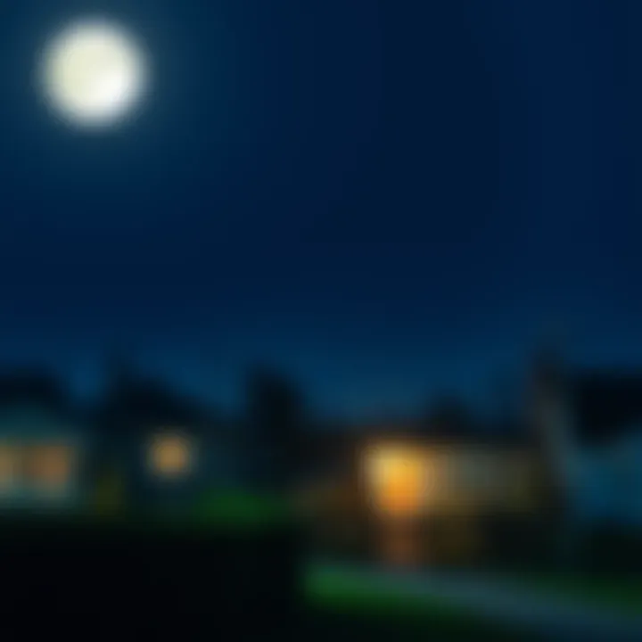 A bright full moon shining over a calm neighborhood with a few houses and trees, creating a serene night scene